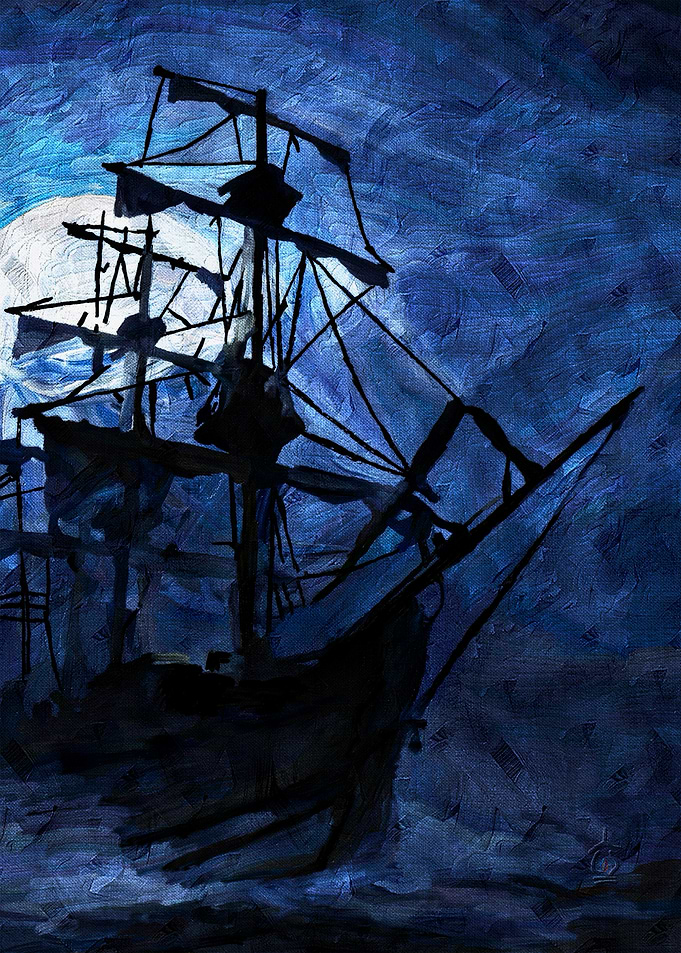 Silhouette of a ship at night