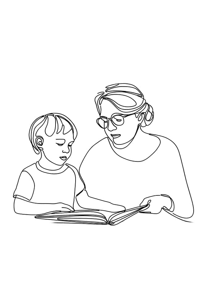 Child and Woman Reading Minimalist Line Art