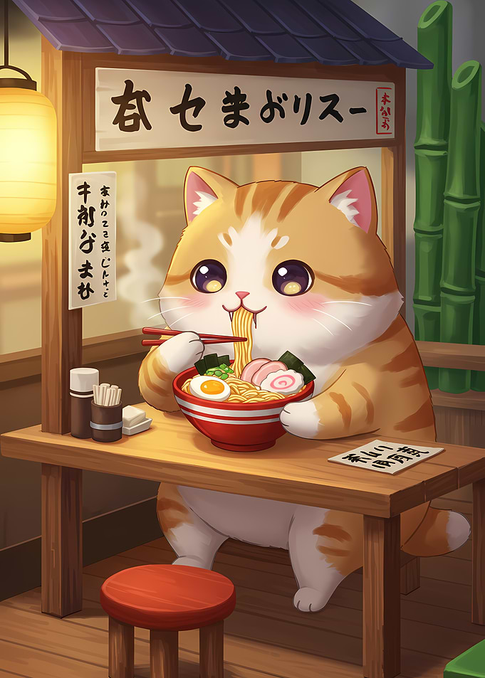 Cat Eating Ramen at Japanese Restaurant