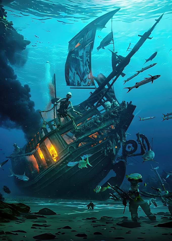 Underwater Shipwreck with Skeletons and Fish