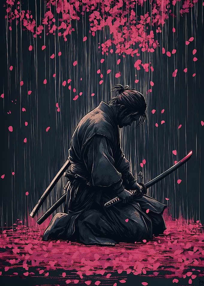 Samurai in Rain of Cherry Blossoms