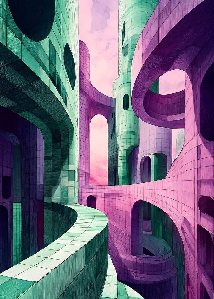 Abstract Cityscape in Green and Purple