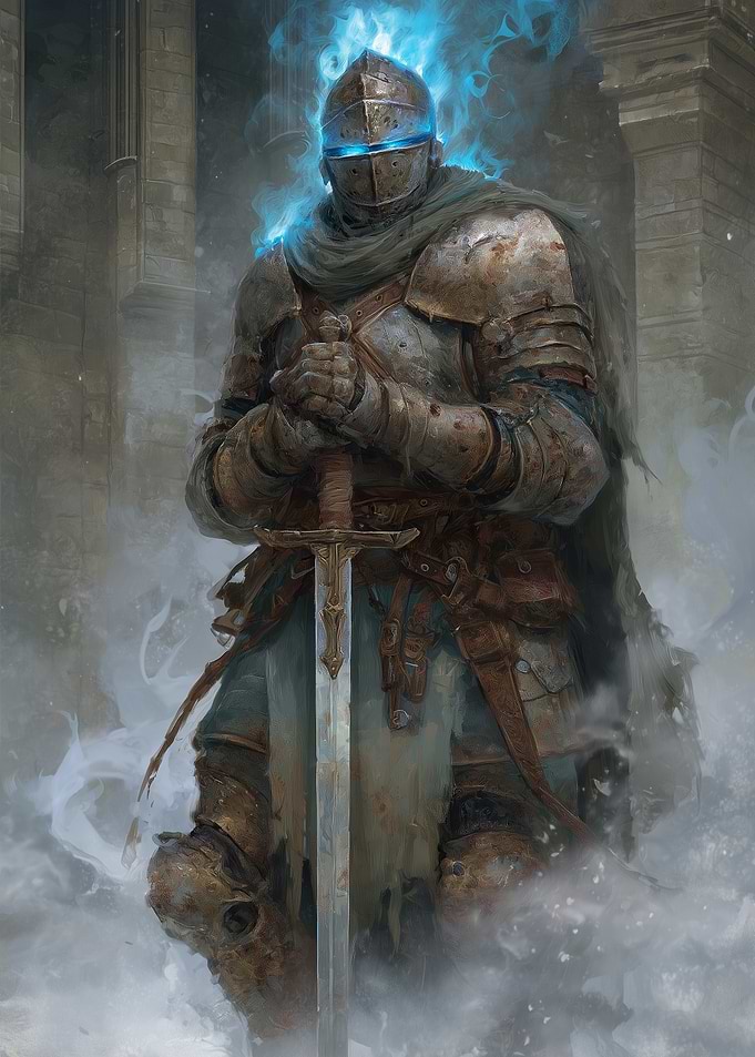 Mystical Knight with Glowing Blue Aura