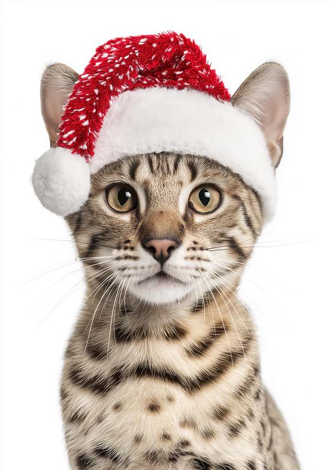 Savannah Cat wearing a Santa hat