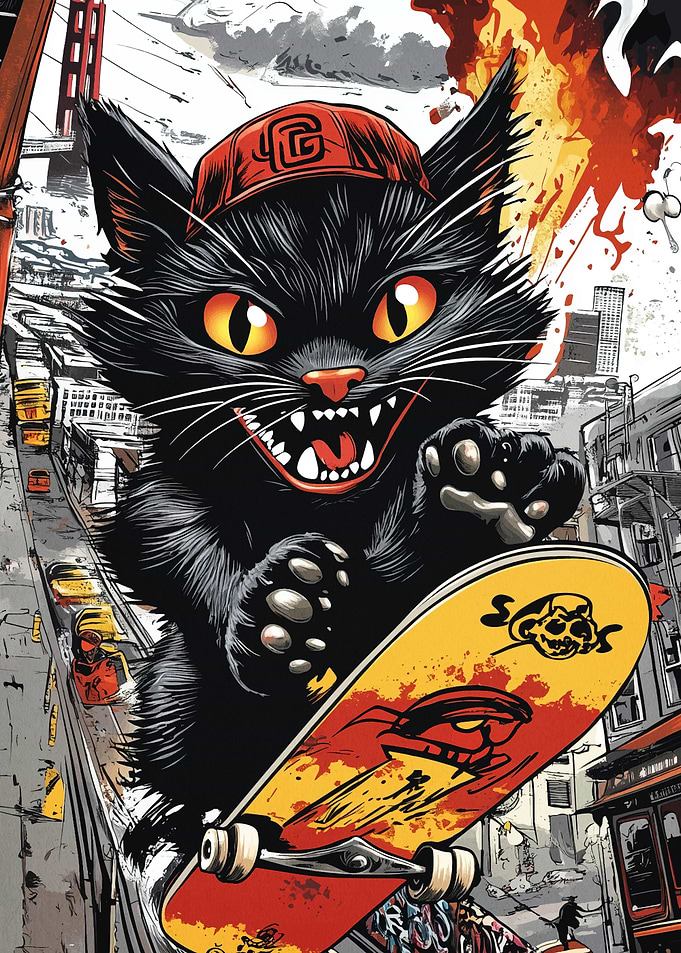 Skateboarding Cat in Urban Setting