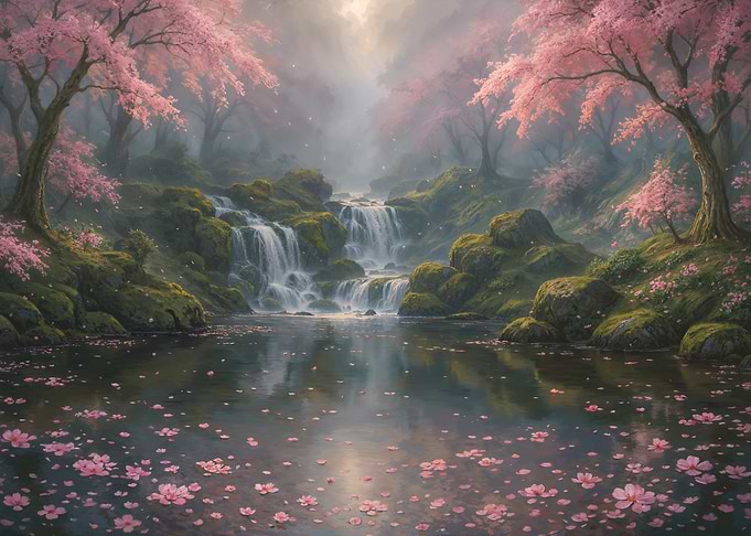 Cherry Blossom Waterfall Landscape
