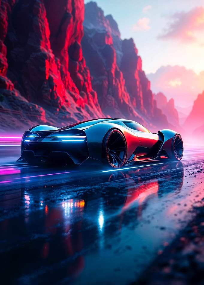 Futuristic Car on Sun Set Wet Road