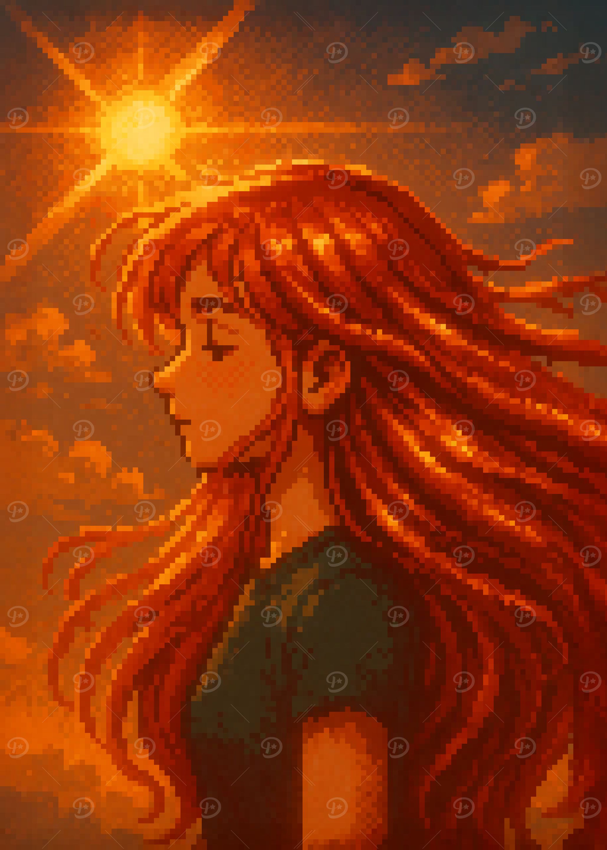 Inspirational Pixel Art Red Hair Girl Sunset Retro