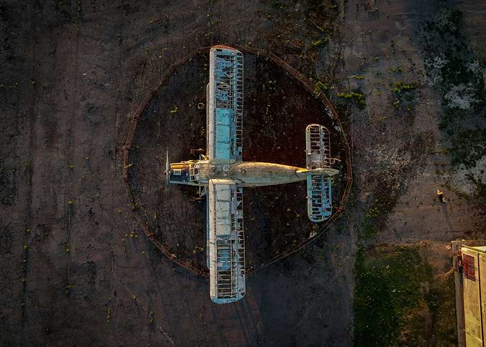 Aerial View of Abandoned Biplane