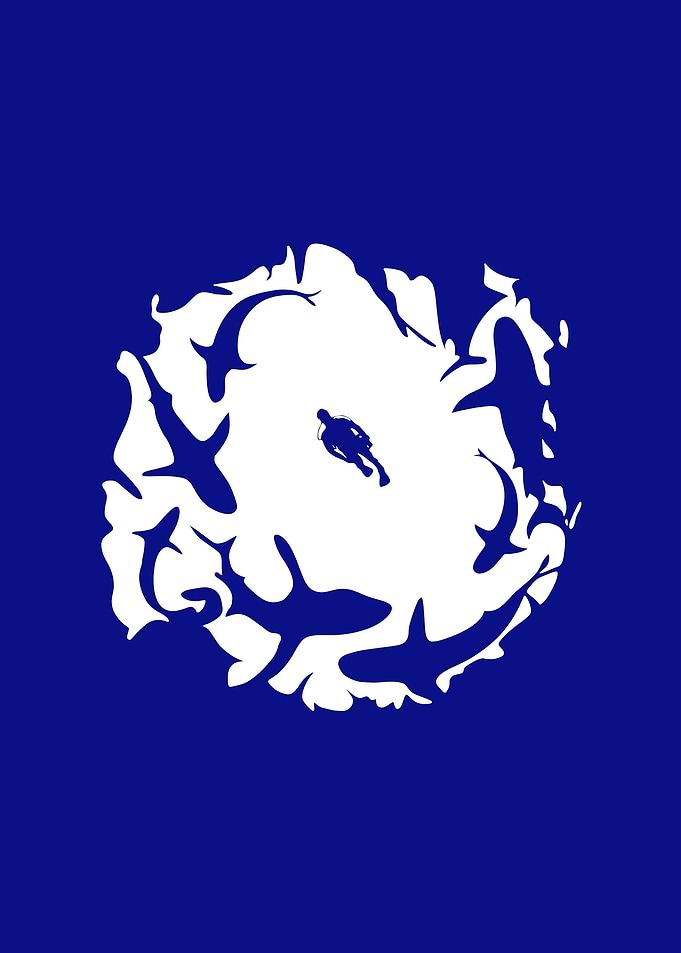 Diver Surrounded by Sharks Silhouette