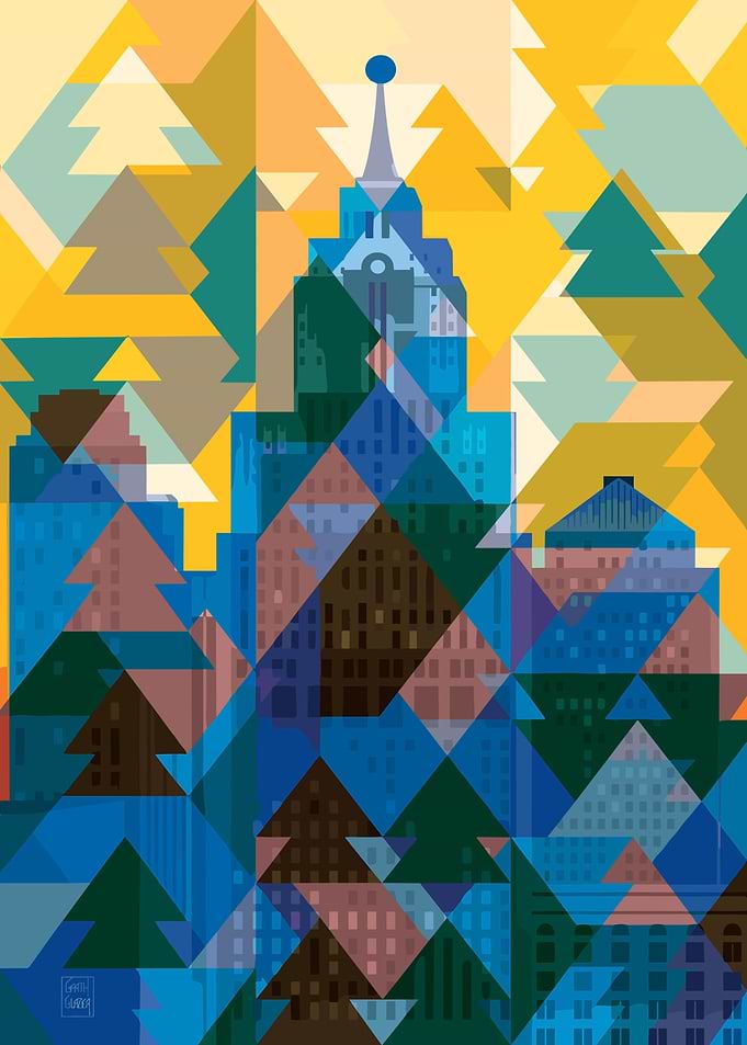 Geometric Cityscape with Triangles and Buildings