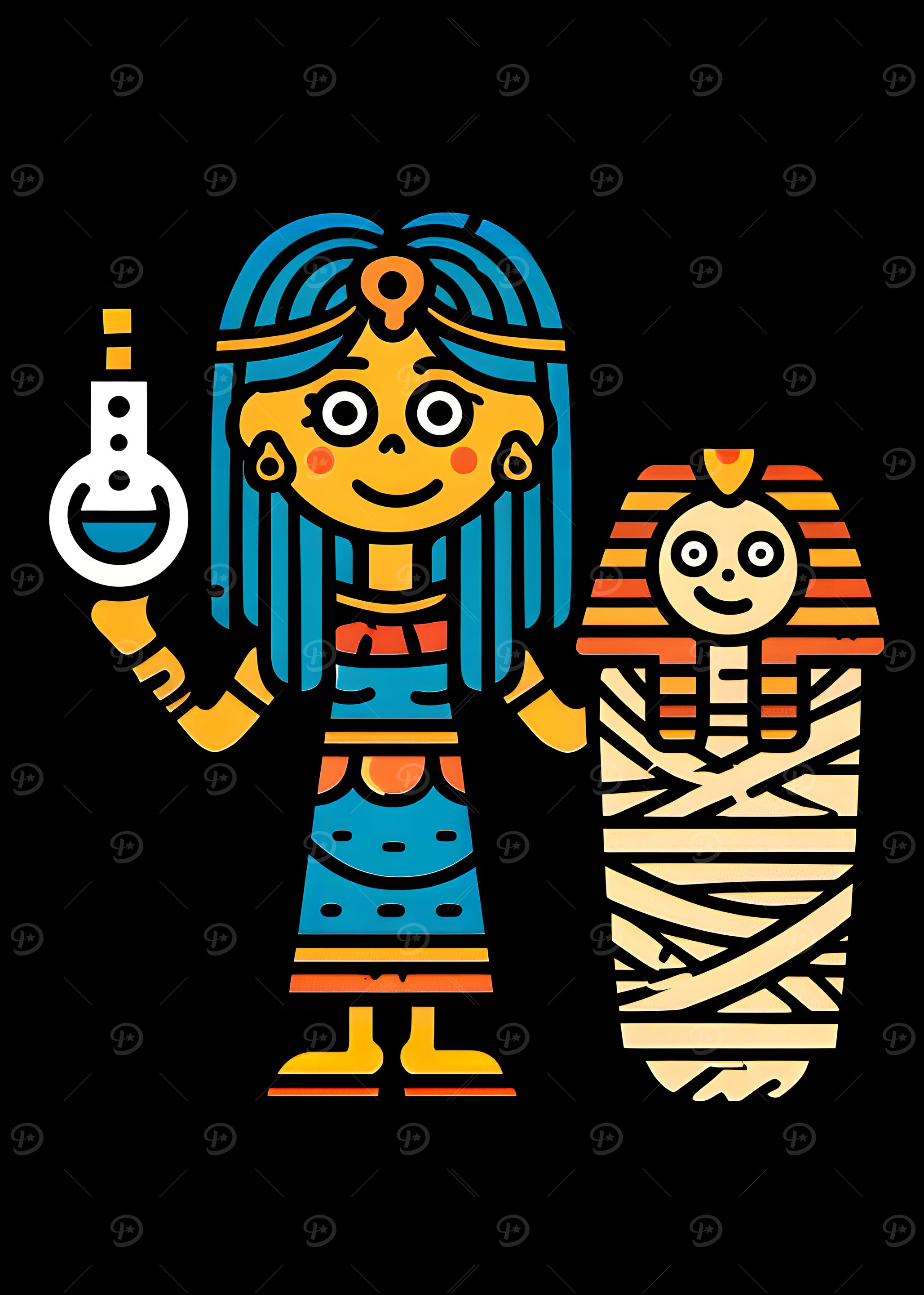 Cartoon Egyptian Queen and Mummy