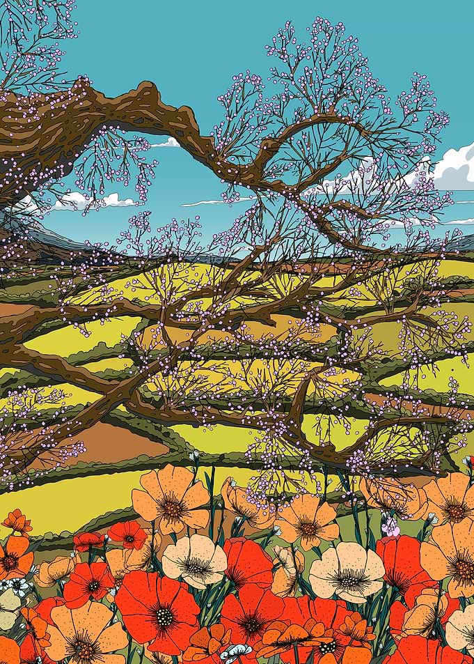 Floral Landscape with Blossoming Tree