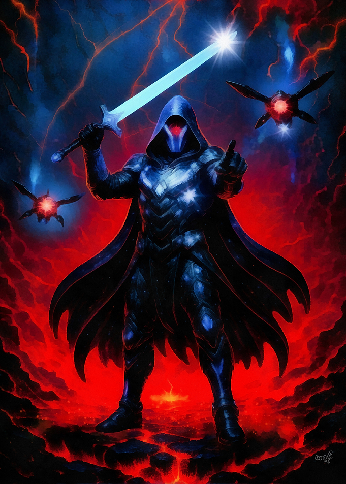The Last Sentinel – Glowing Blade in the Inferno