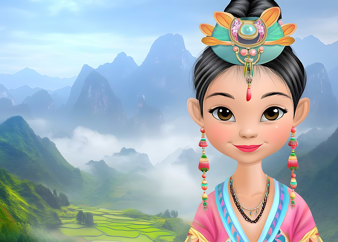 Cartoon Girl with Traditional Asian Headdress