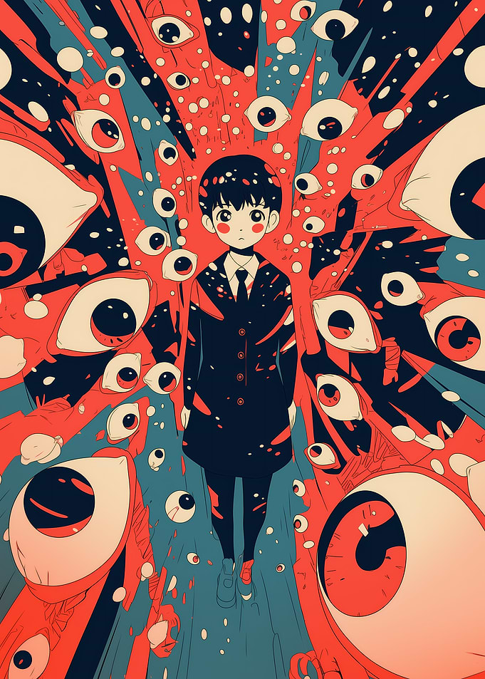 Anime Boy Surrounded by Eyes