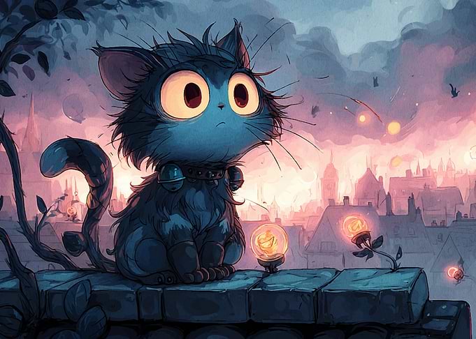 Cartoon Cat on Rooftop at Dusk