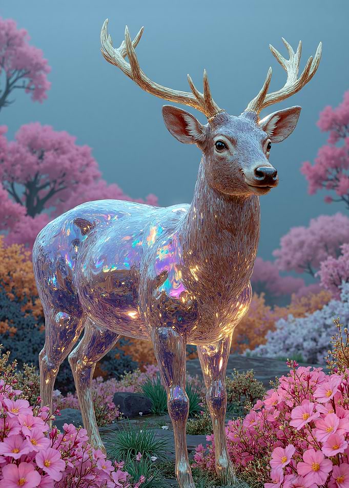 Iridescent Deer in Floral Landscape