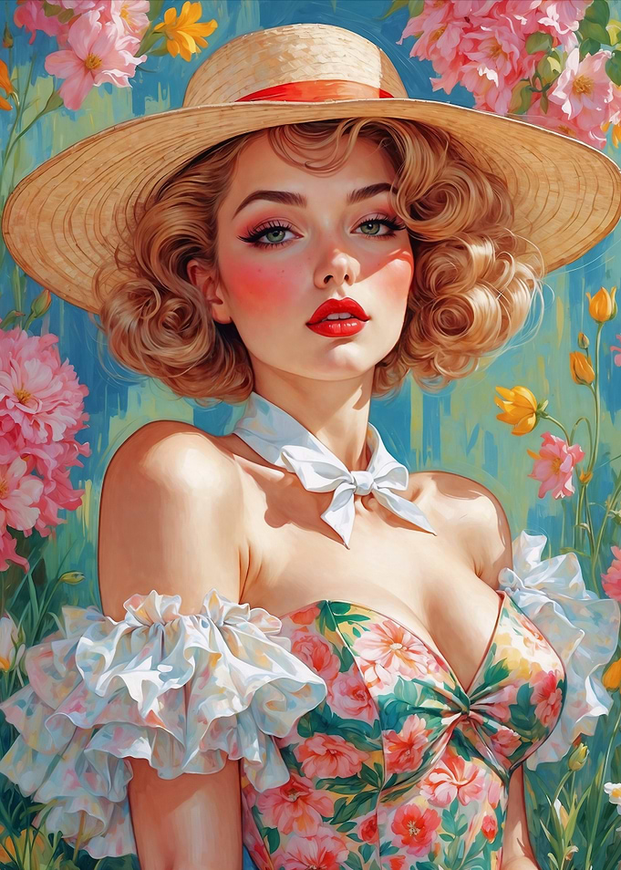 Blonde Pin-Up Floral Dress with Straw Hat