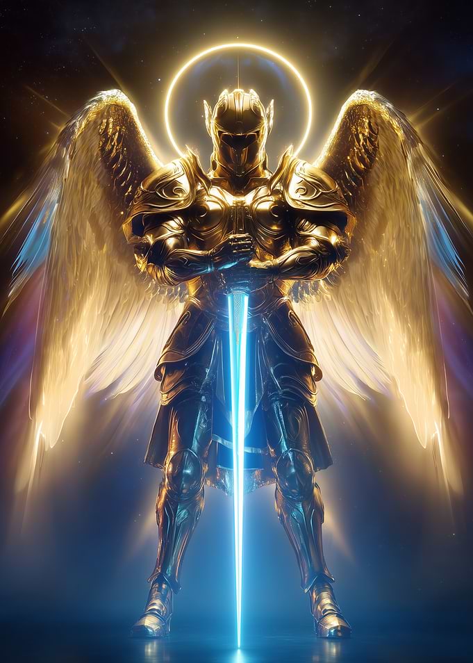 Celestial Guardian – Golden Archangel with a Sword of Light