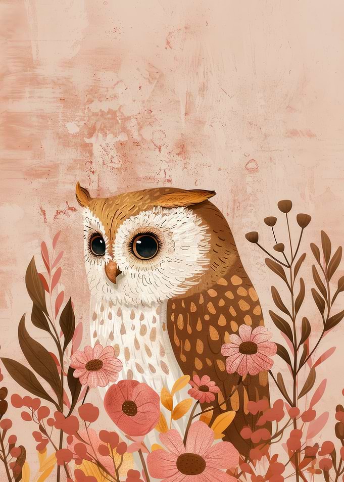 Owl with Flowers Illustration