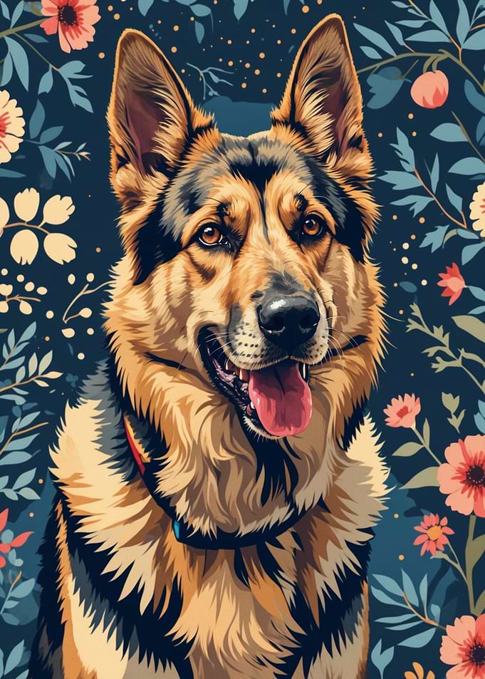German Shepherd Portrait with Flowers