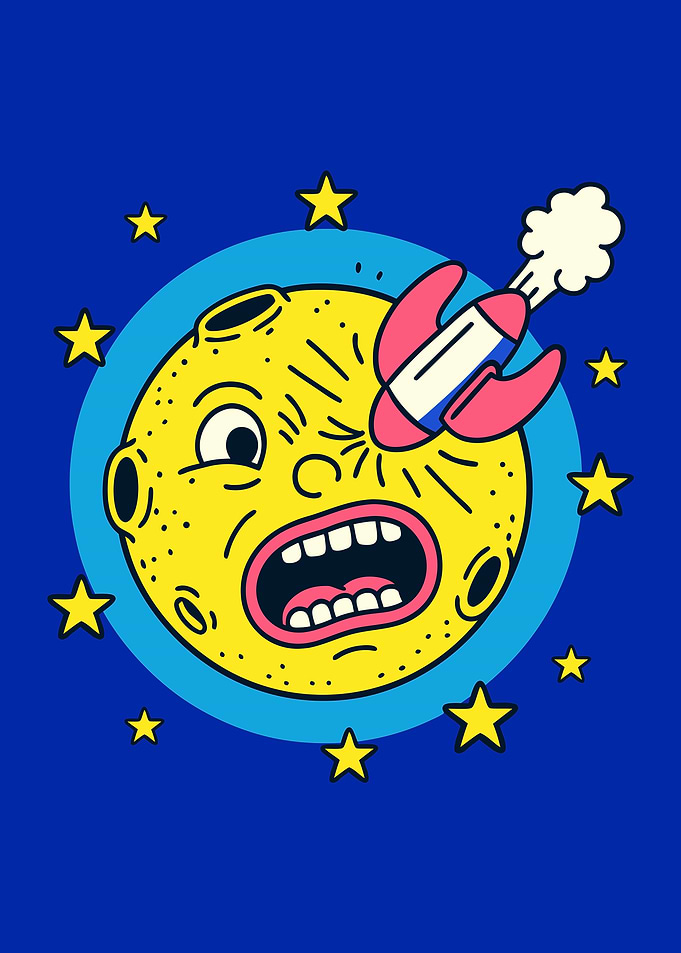 Cartoon Moon Hit by Rocket
