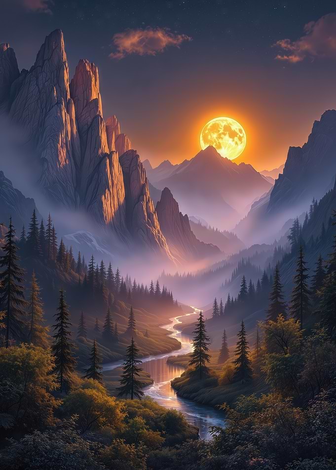 Mountain Valley with River and Moon