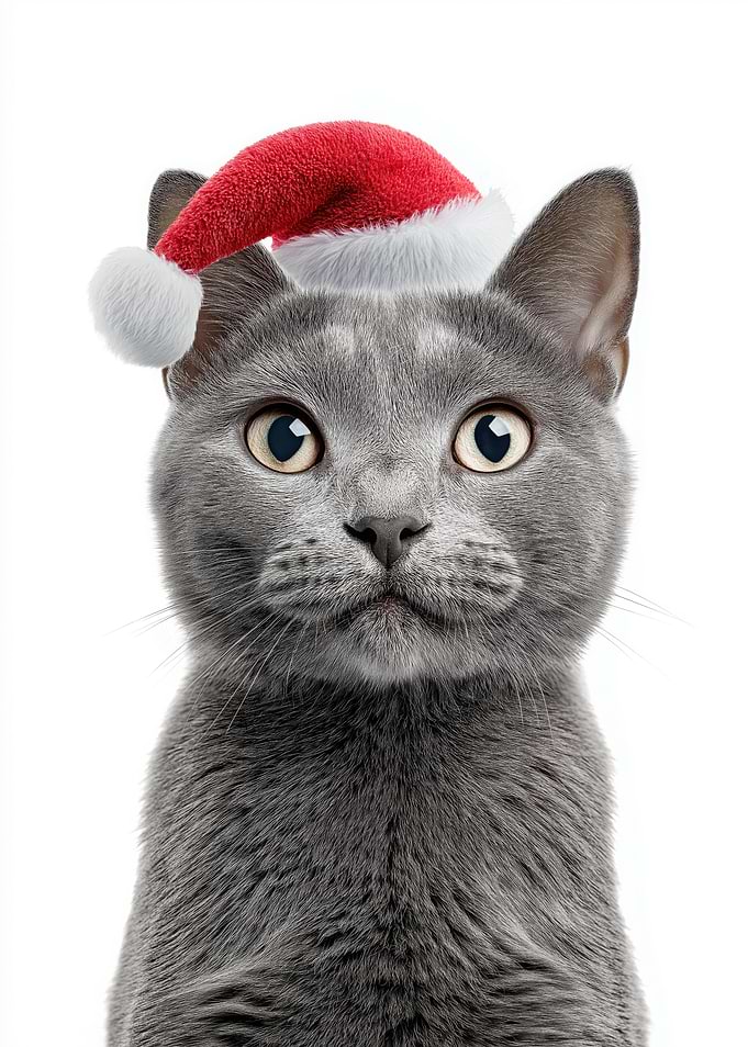 Chartreux Cat with Santa Hat