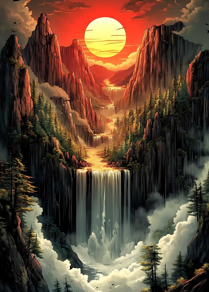 Majestic Waterfall Landscape at Sunset