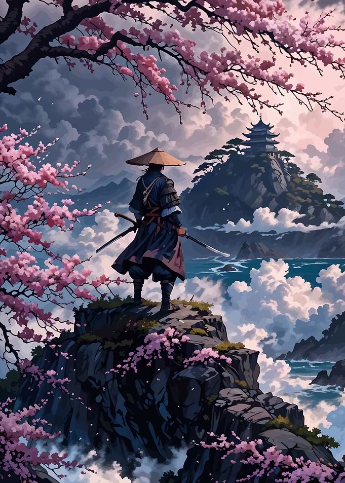 Samurai Overlook with Cherry Blossoms