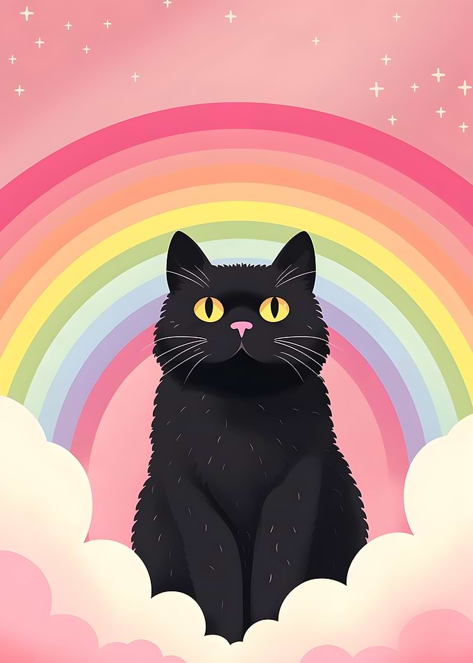 Black Cat Rainbow Cloud Illustration