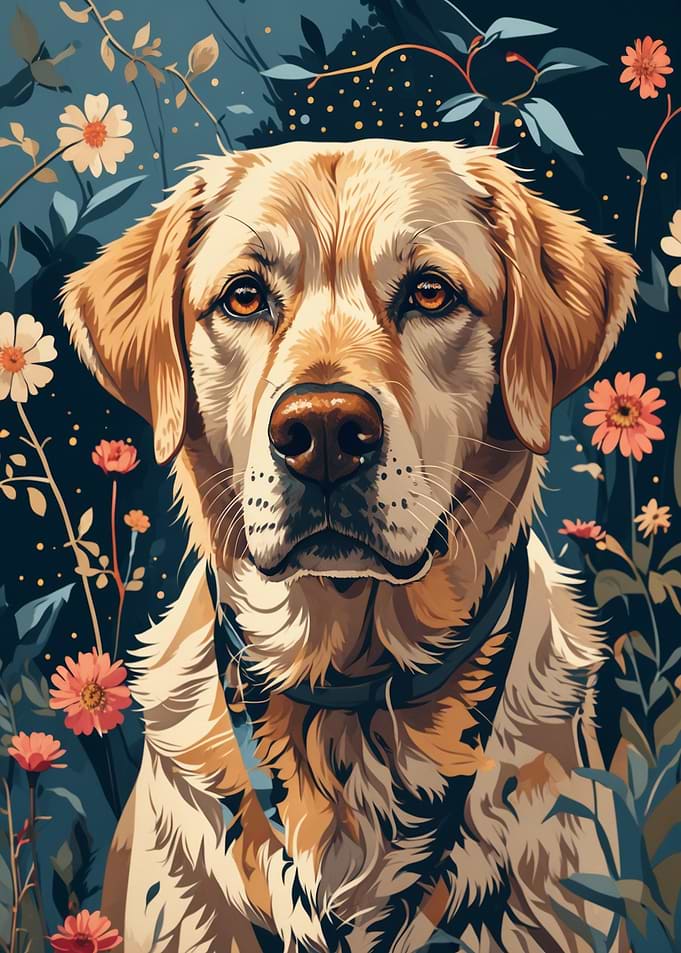 Labrador Retriever Portrait with Flowers