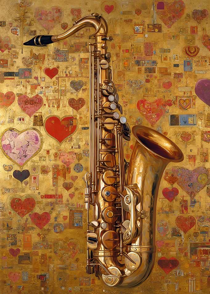 Golden Saxophone with Heart Background