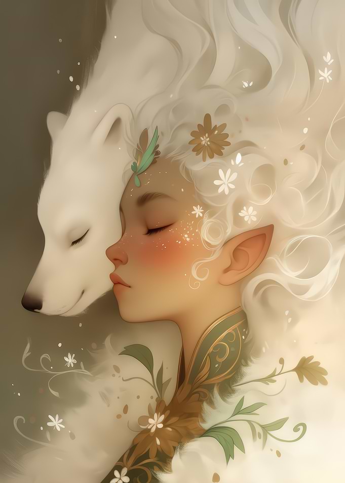 Elf and White Wolf Portrait
