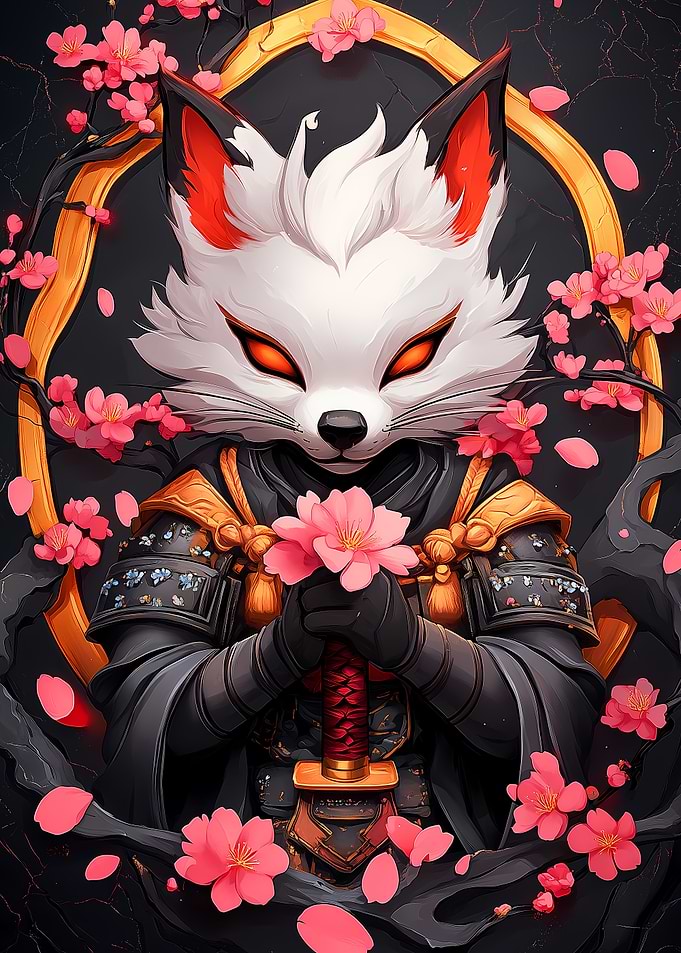 Fox Samurai with Cherry Blossoms
