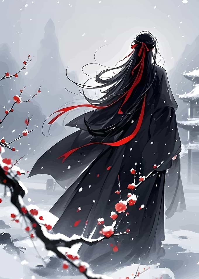 Anime Figure in Snowy Landscape