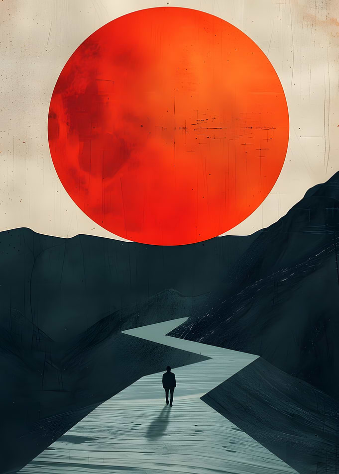 Solitary Figure Under a Red Sun