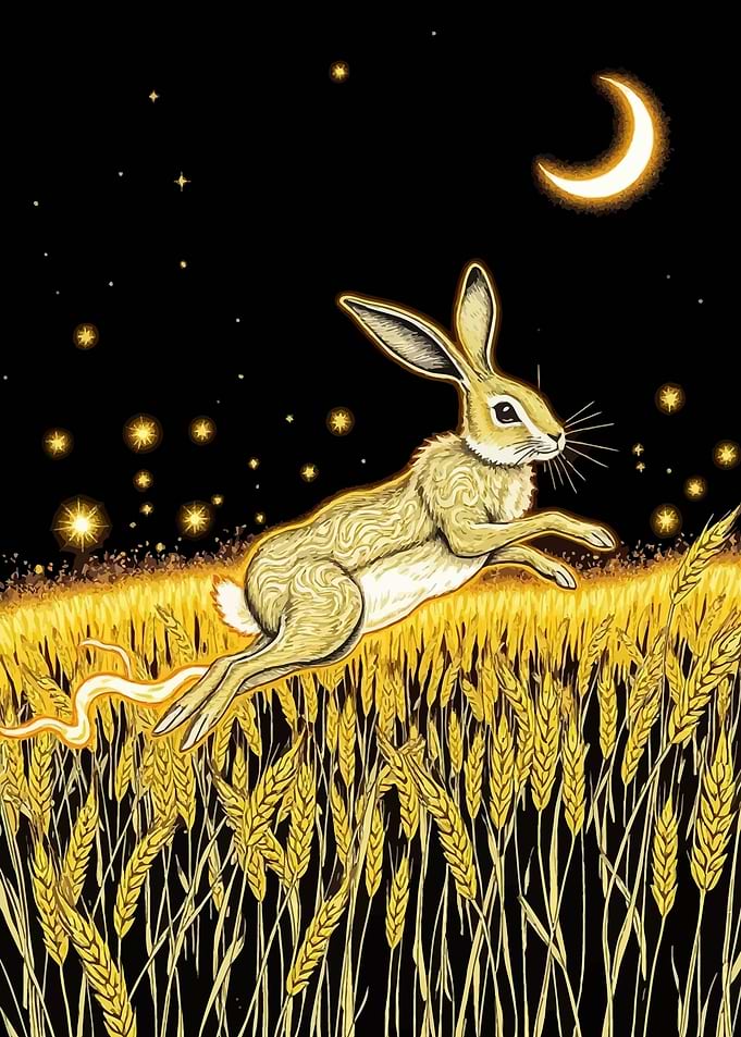 Hare leaping through golden wheat field
