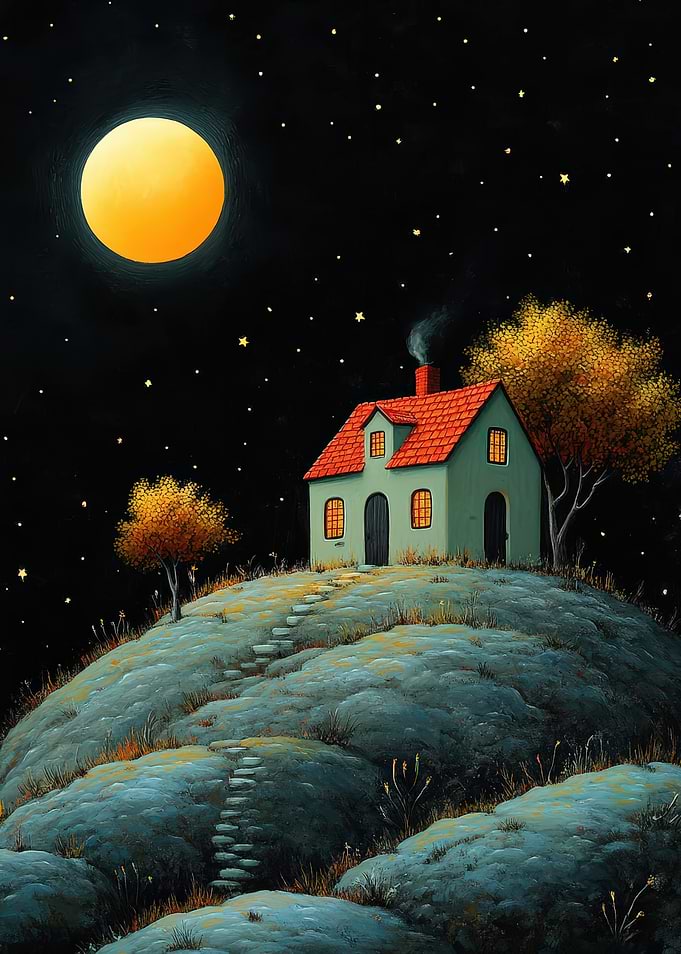 House on a Hill Under Moonlight