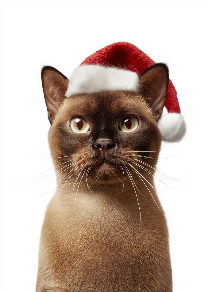 Festive Burmese Cat in Santa Hat