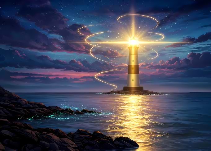 Glowing Lighthouse at Magical Night seascape