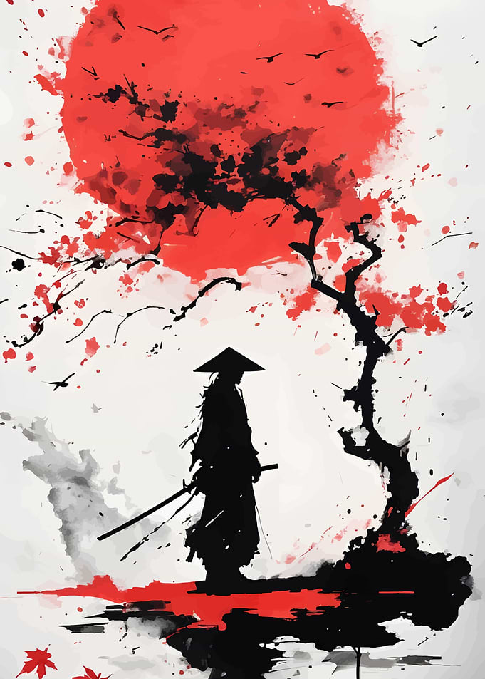 Samurai Silhouette with Red Sun