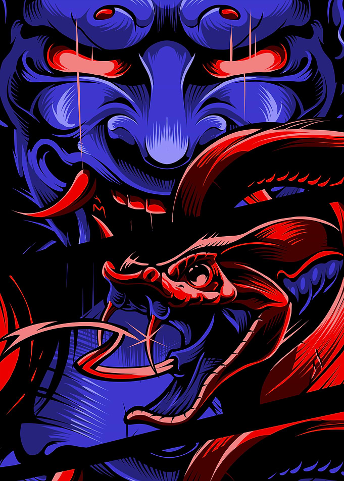 Hannya Mask and Snake Illustration