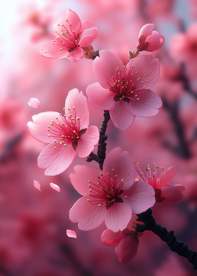 Pink Cherry Blossoms on Branch