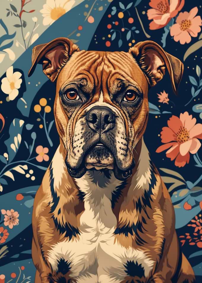 Boxer Dog Portrait with Flowers