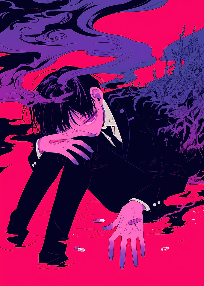 Melancholy Anime Boy with Pills
