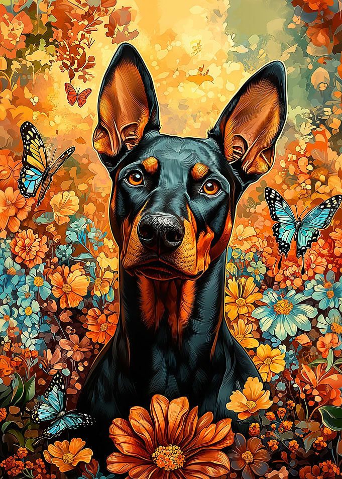 Doberman in Floral Garden