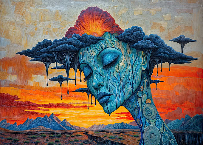 Surreal Blue Woman with Raincloud Hair in Fiery Landscape