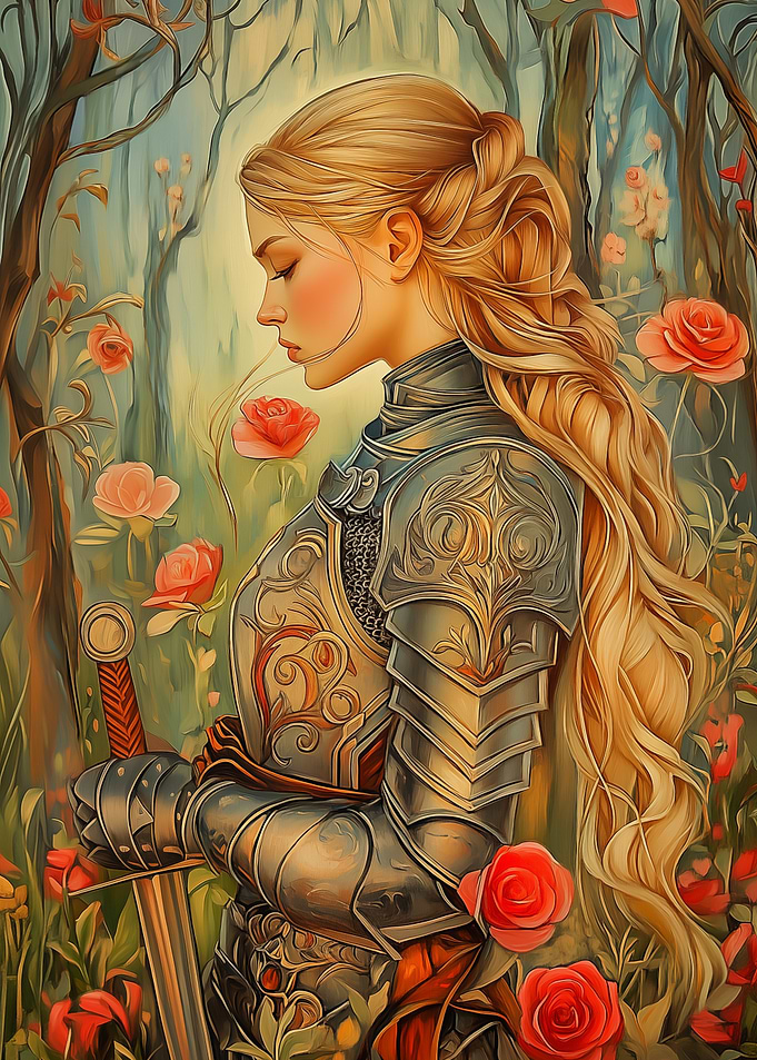Female Knight in Rose Garden